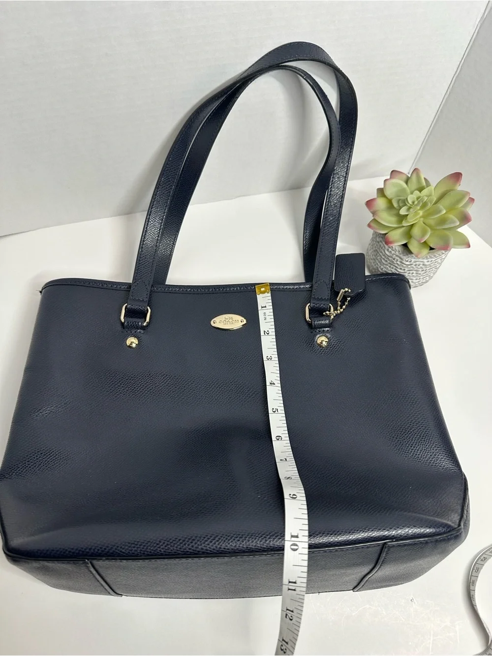 Coach Navy Pebbled Leather Tote with Tag and Gold Accent
